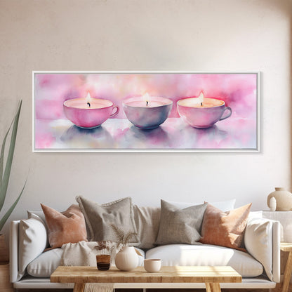 Candlelight Framed Canvas Print, Cozy Pastel Teacup Candles Art, Light Pink Wall Decor, Bedroom or Dining Room Whimsical Artwork