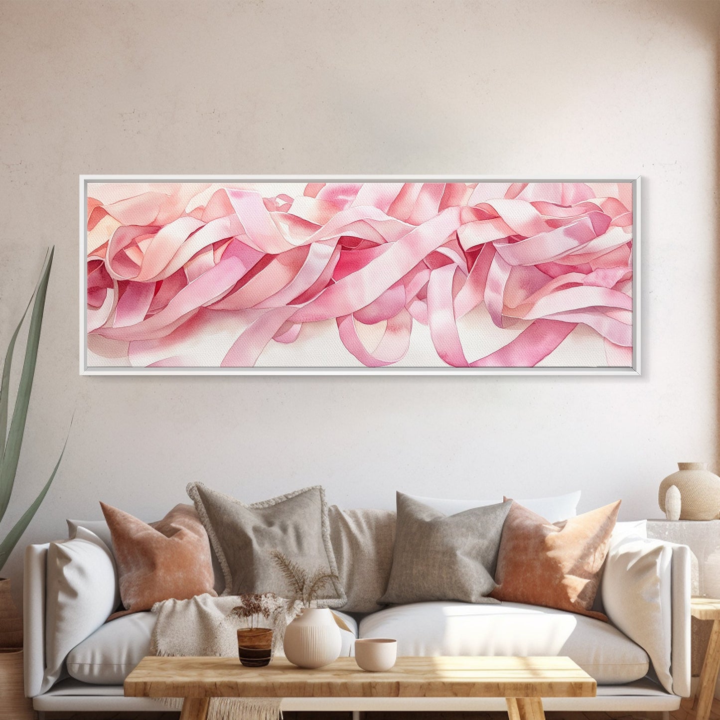Abstract Ribbon Canvas Print Feminine Pink Abstract Artwork Horizontal Wabi Sabi Decor Minimalist Wall Art Above Sofa Framed Art
