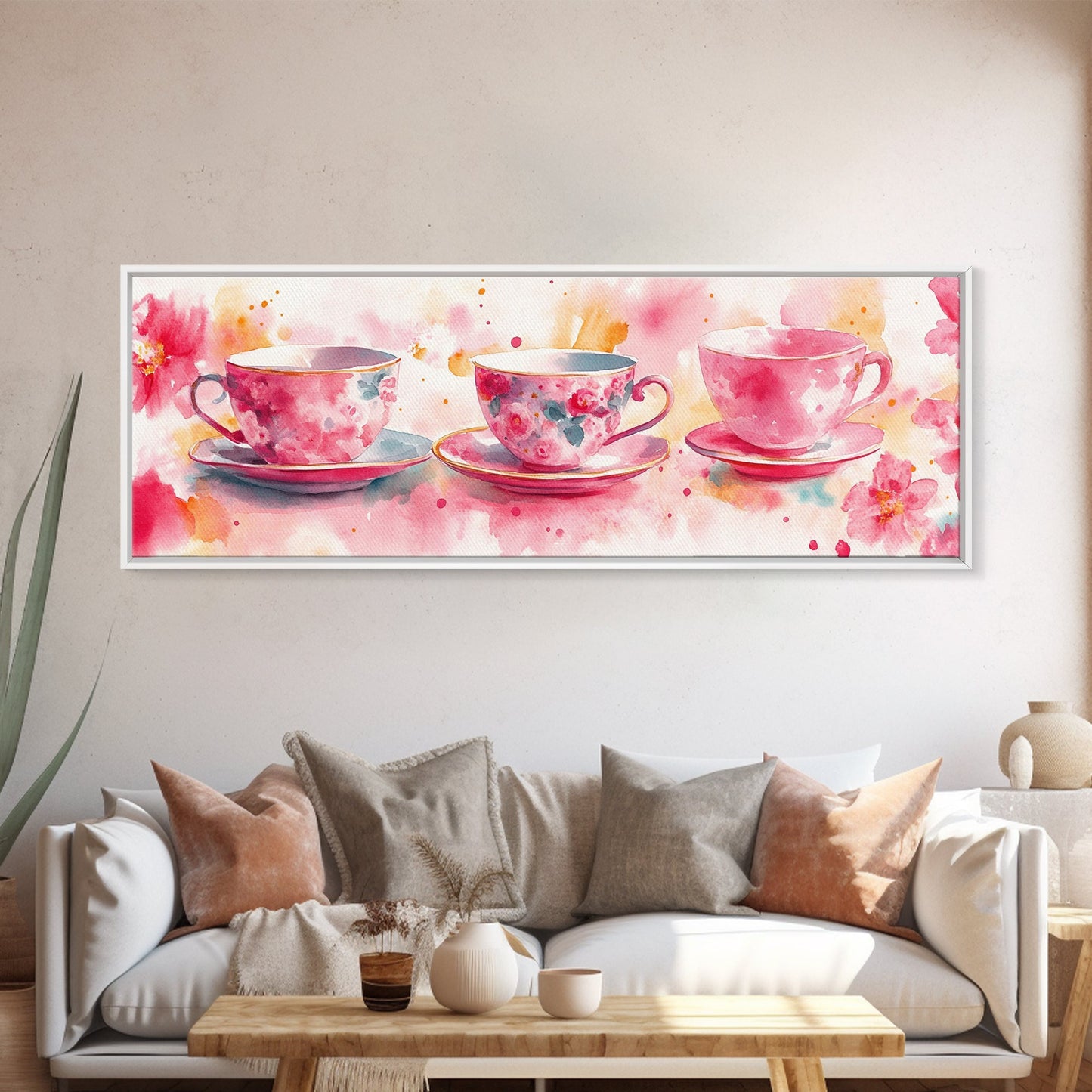 Pink Teacup Canvas Print Feminine Whimsical Kitchen Art Horizontal Pink Artwork Vintage Rustic Wall Art Living Room Framed Art