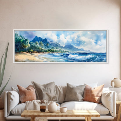 Moody Coastal Seascape Framed Canvas Print - Hawaii Ocean Landscape Painting, Nautical Wall Art, Extra Wide Beach Bedroom Art Decor