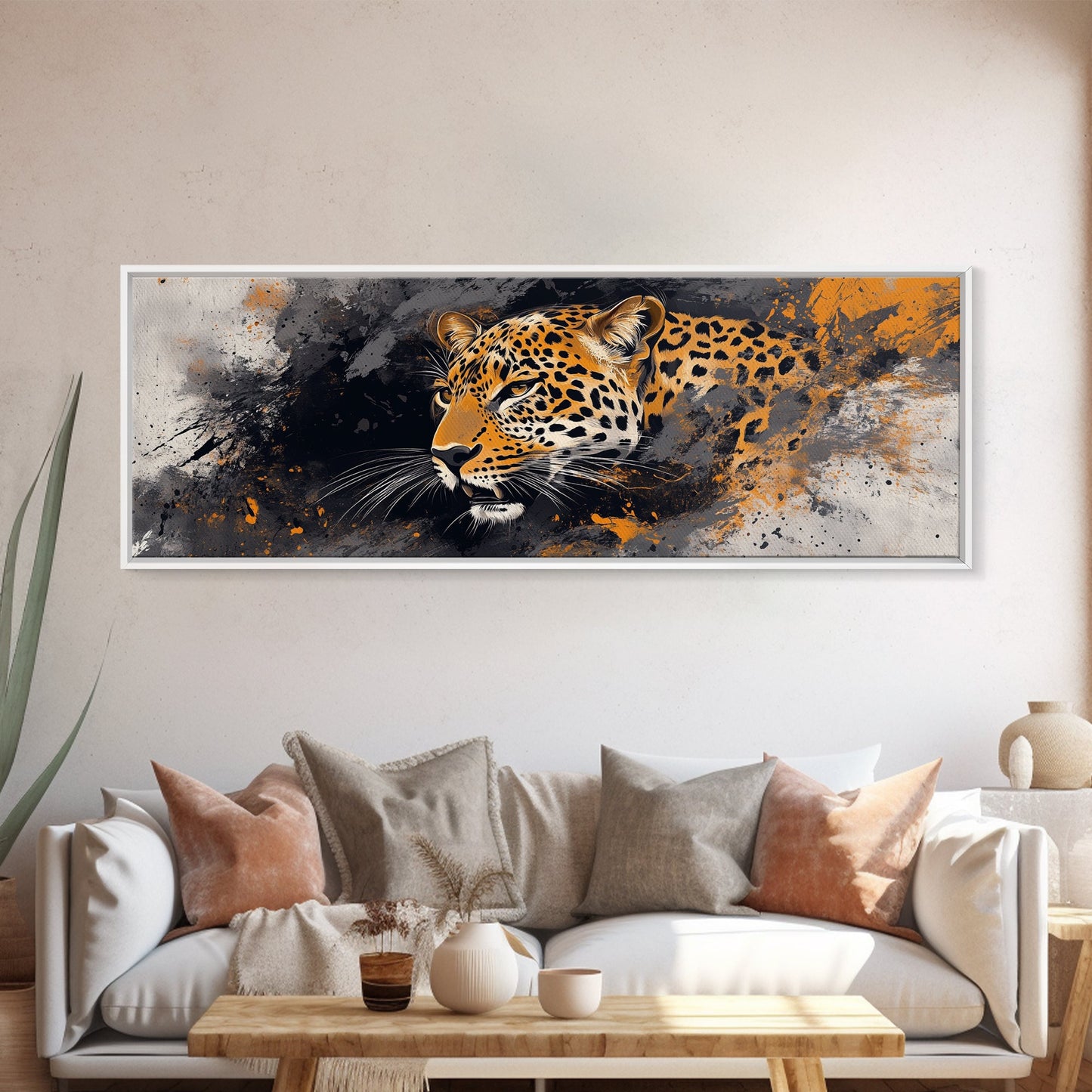 Dynamic Jungle Leopard Framed Canvas Print - Bold Wildlife Painting, African Wall Art, Safari Decor, Gift Idea For Him, Bedroom Wall Accent