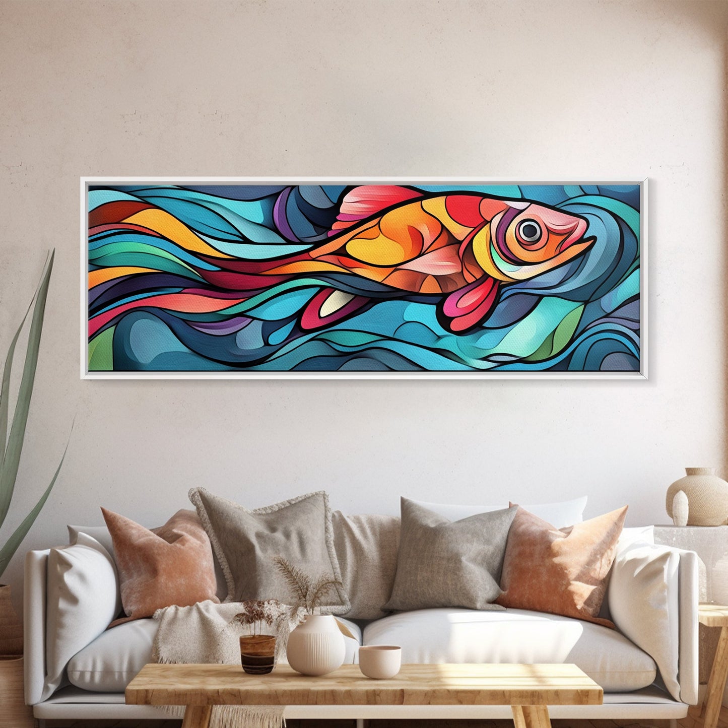 Abstract Goldfish Flow Framed Canvas Print, Whimsical Wall Art, Colorful Art, Teal Painting, Gift Idea, Skinny Wall Art, Bedroom Decor