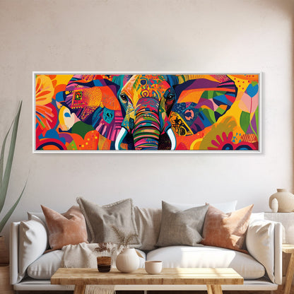 Vibrant Canvas Print of Colorful Abstract Elephant Wall Art, African Art, Whimsical Living Room Art, Boho Art, Horizontal Wall Art