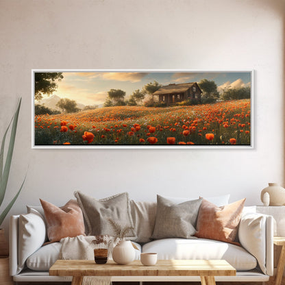 Sunlit Poppy Meadow Framed Canvas Print – Rustic Decor, California Poppy Art, Landscape Painting, Extra Wide Art, Guest Room Art