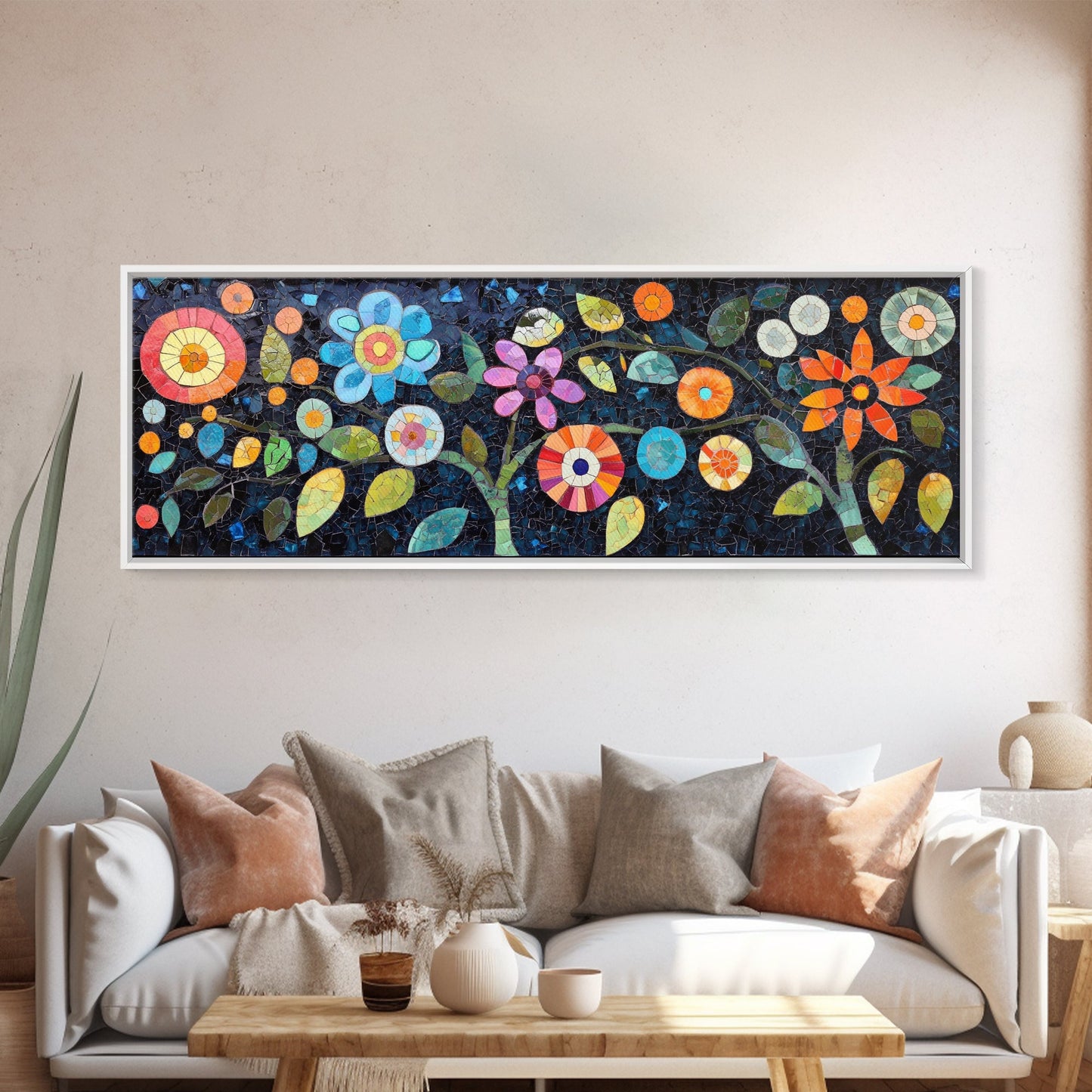 Mosaic Wall Art Wildflower Painting Framed Canvas Print, Botanical Print Horizontal Artwork, Whimsical Art Piece Above Sofa Decor