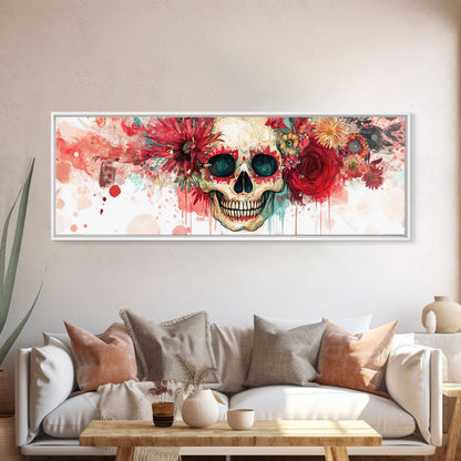 Vibrant Skull Art Framed Canvas Print, Dark Angels Wall Art with Floral Design, Skull and Rose Painting, Gothic Floral Home Decor, Boho Wall Art