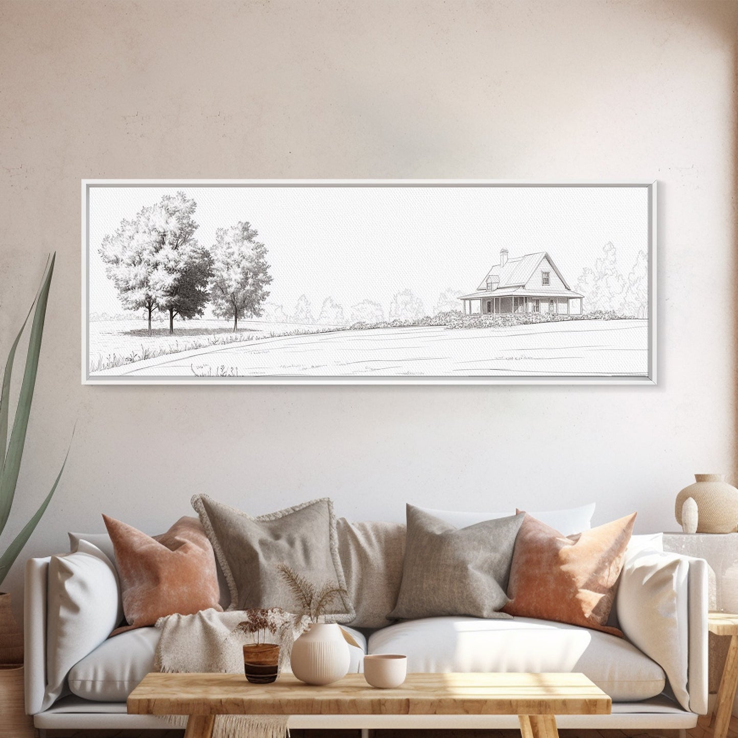 Rustic Farmhouse Framed Canvas Print, Black and White Landscape Art, Above Sofa Wall Art Minimalist Living Room Country Decor