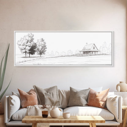 Rustic Farmhouse Framed Canvas Print, Black and White Landscape Art, Above Sofa Wall Art Minimalist Living Room Country Decor