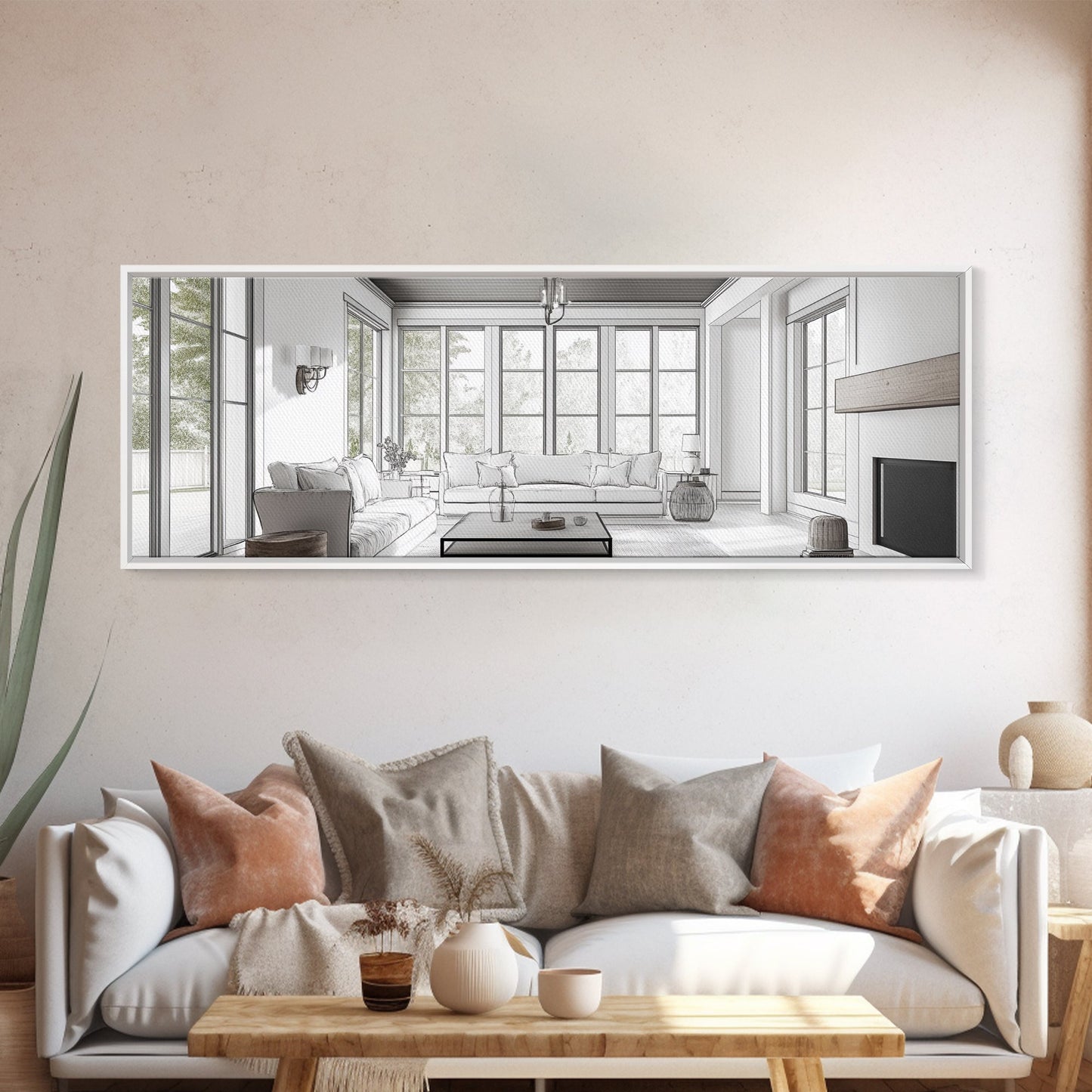 Extra Wide Canvas Print Living Room Art Modern Wabi Sabi Art Panoramic Neutral Design Rustic Farmhouse Minimalist Wall Decor