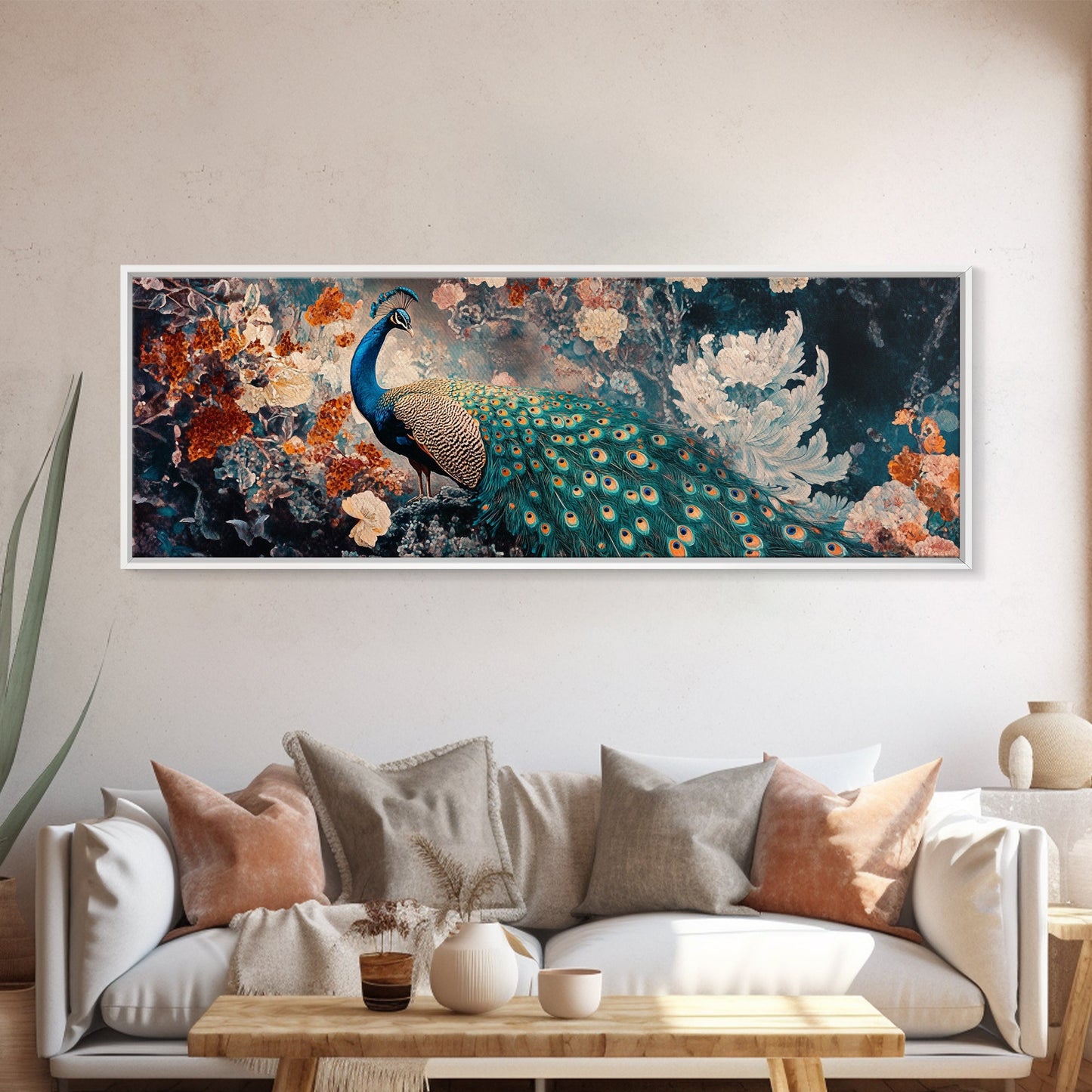 Vibrant Peacock Framed Canvas Print Mosaic Wall Art Boho Style Rustic Decor Above Sofa Art Living Room Statement Piece
