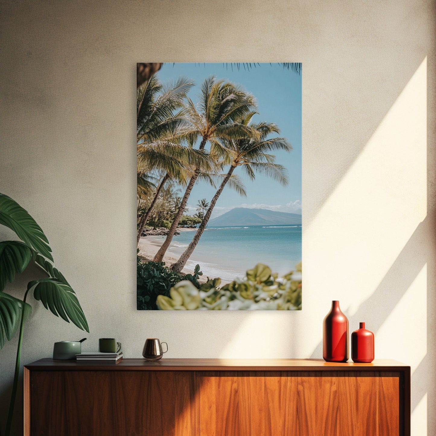 Serene Beach Horizon Framed Canvas Print – Coastal Nautical Wall Art, Hawaiian Landscape, Tropical Seascape Painting Coastal Decor