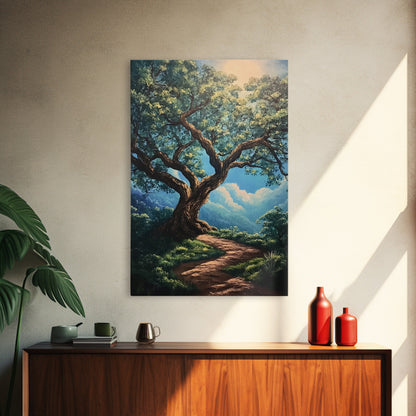 Majestic Oak Tree Framed Canvas Print – Oak Tree Art, Rustic Landscape Painting, Above Sofa Wall Art, Wabi Sabi Living Room Decor