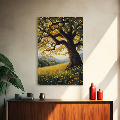 Vibrant Meadow Tree Canvas Print Rustic Wall Art Wildflower Landscape Painting Living Room Artwork Above Sofa Art Fall Decor