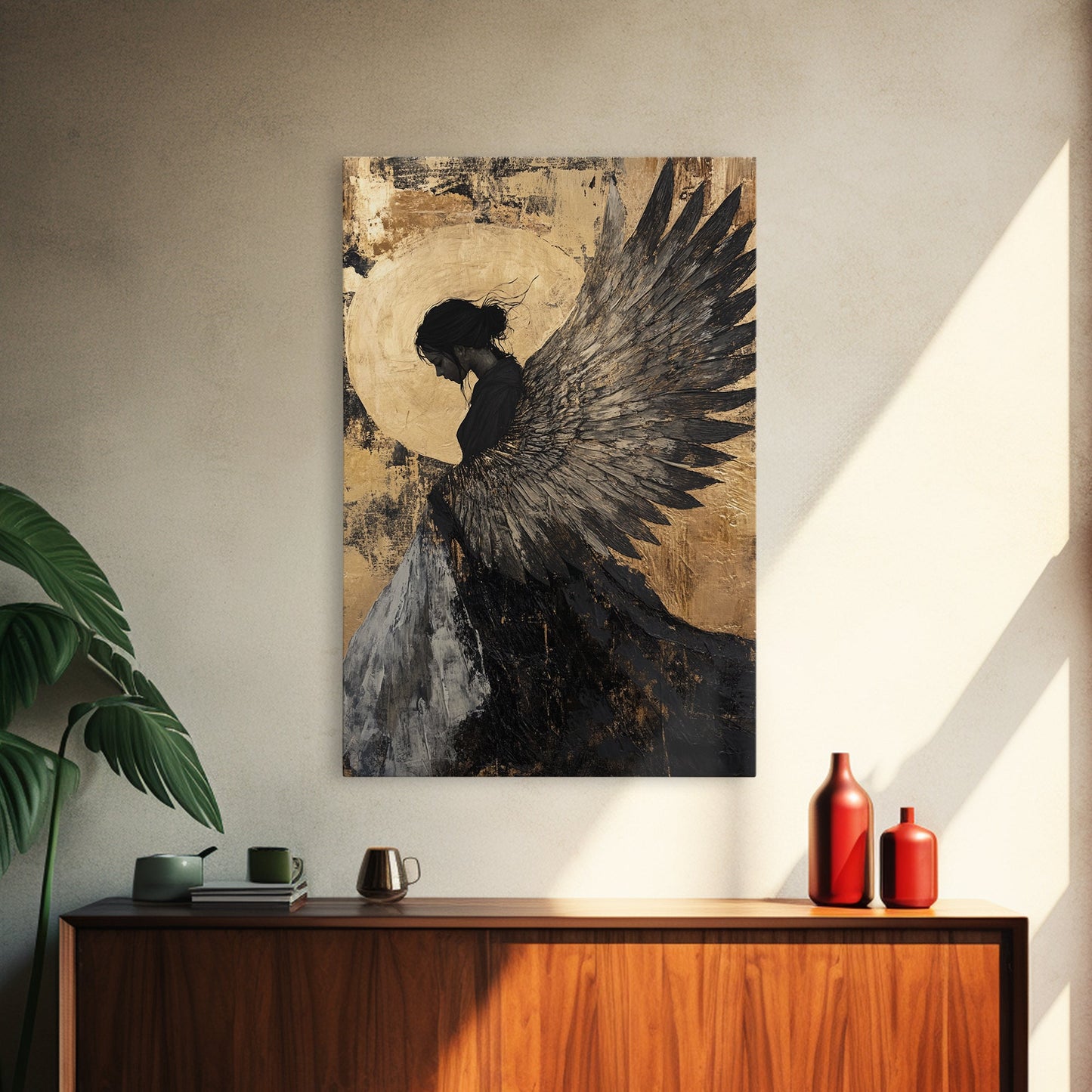 Golden Angel Wings Framed Canvas Print Dark Angel Wall Art Moody Gothic Artwork Gold Abstract Print Rustic Wall Decor Gift Idea