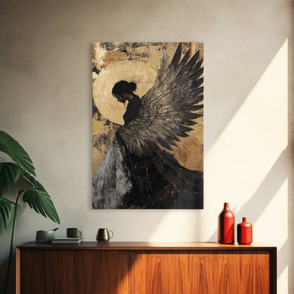 Golden Angel Wings Framed Canvas Print Dark Angel Wall Art Moody Gothic Artwork Gold Abstract Print Rustic Wall Decor Gift Idea