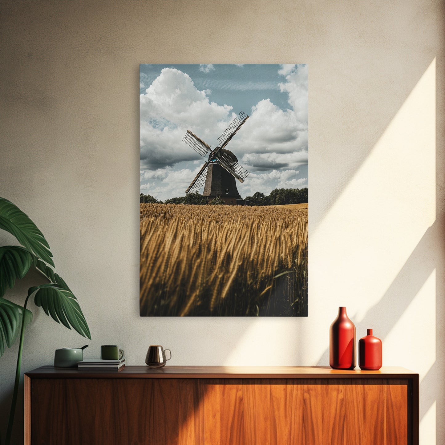 Wheat Field Windmill Framed Canvas Print Rustic Farmhouse Artwork Windmill Wall Art Minimalist Landscape Wall Decor Living Room Art