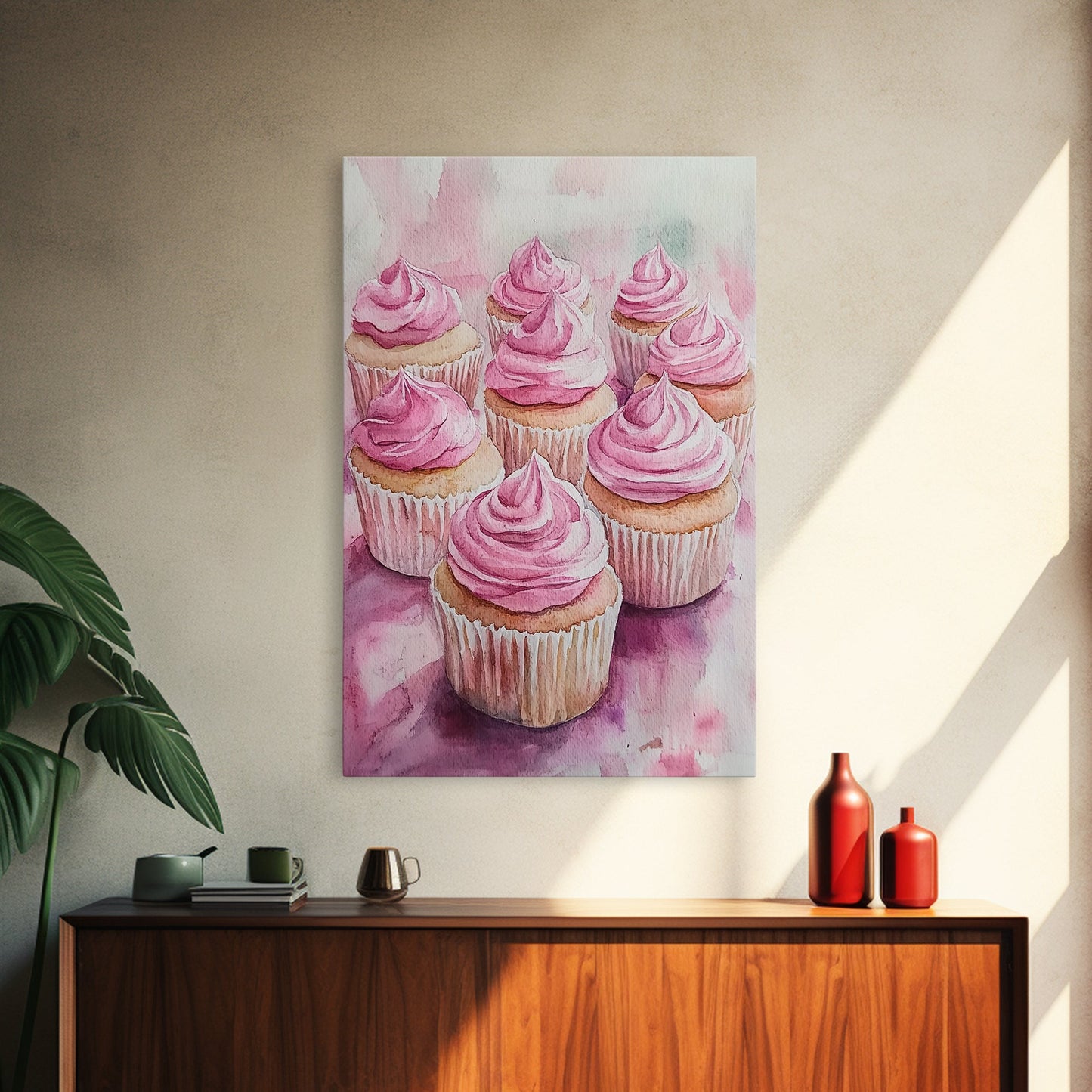 Pink Cupcake Art Canvas Print Kitchen Decor Dessert Illustration Rustic Artwork Food Review Kitchen Art Gift Idea For Her