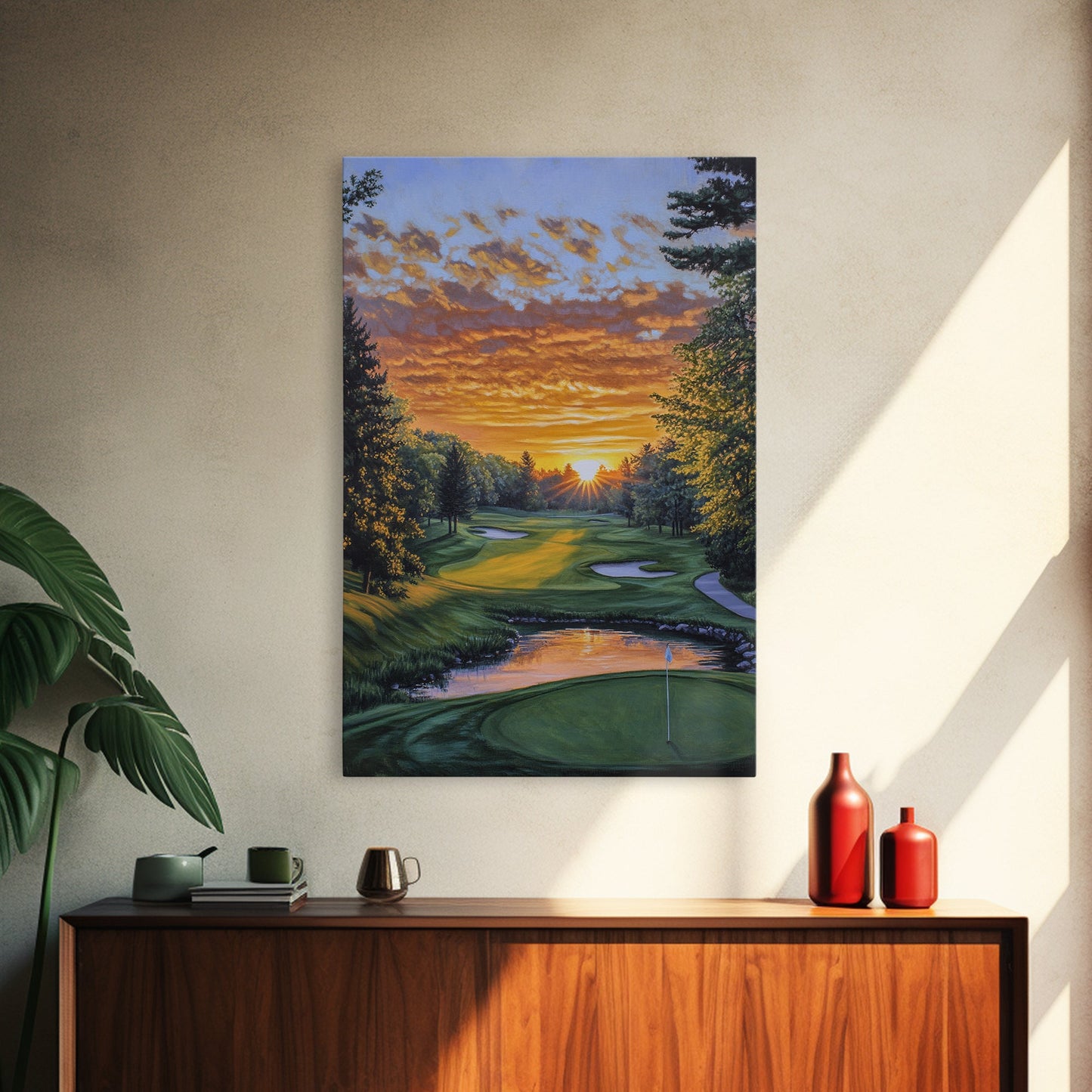 Scenic Golf Sunset Framed Canvas Print, Landscape Painting, Bedroom Wall Art, Rustic Decor, Horizontal Living Room Art