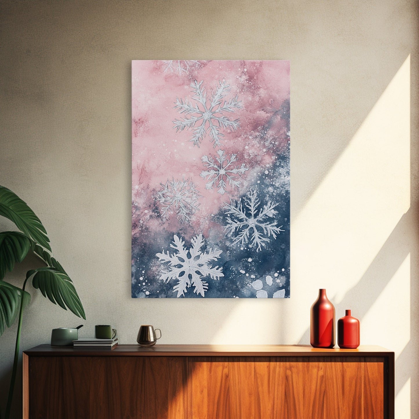 Snowflake Winter Light Pink Wall Art Framed Canvas Print | Wabi Sabi Minimalist Christmas Art | Cozy Holiday Living Room Decor