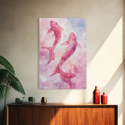 Watercolor koi fish painting in vibrant pink tones, perfect bedroom decor, framed canvas print, whimsical art above bed wall art