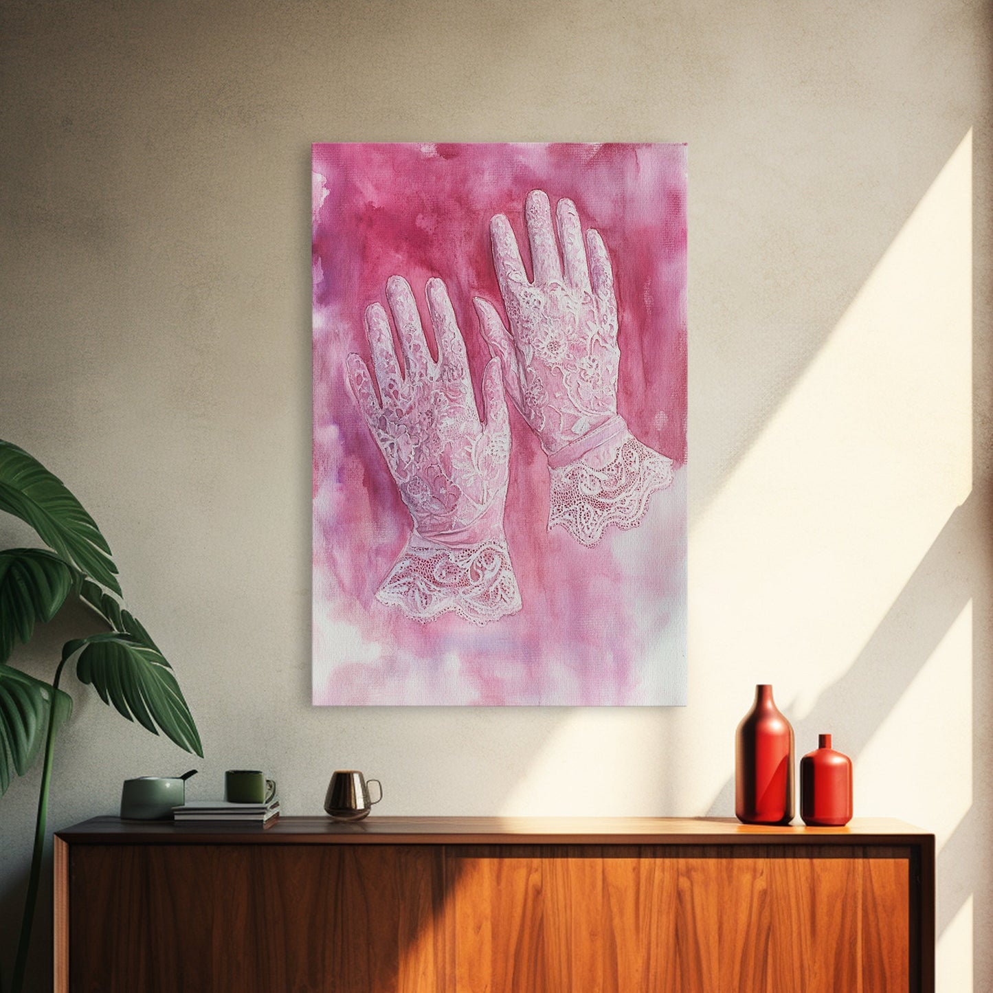 Light Pink Wall Art Canvas Print, Delicate Lace Gloves Illustration, Victorian-Inspired Art, Rustic Decor Bedroom Guest Room Gift