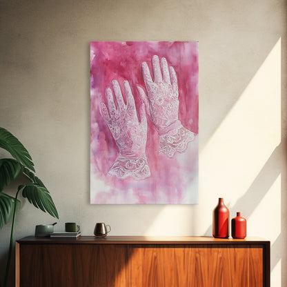 Light Pink Wall Art Canvas Print, Delicate Lace Gloves Illustration, Victorian-Inspired Art, Rustic Decor Bedroom Guest Room Gift