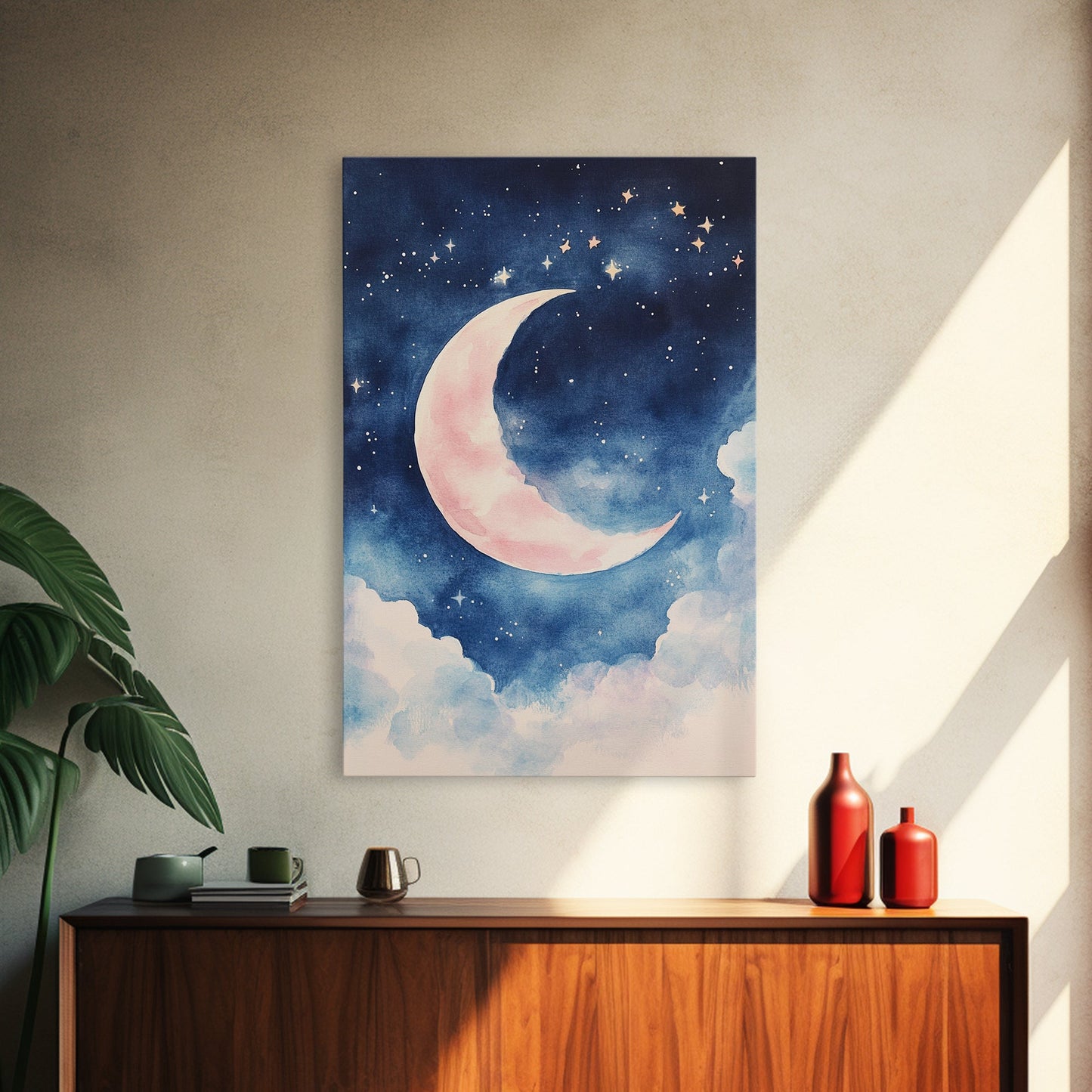 Crescent Moon Painting Canvas Print Bedroom Art Moody Night Sky Painting Above Bed Wall Art Whimsical Art Gift Idea Light Decor