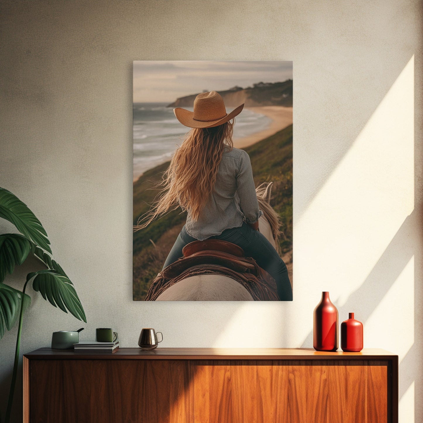 Coastal Cowgirl Riding Canvas Print Horse and Ocean Landscape Art Rustic Decor Western Inspired Framed Art Bedroom Living Room Gift