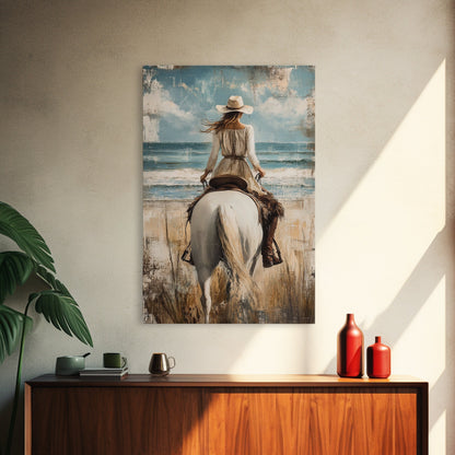 Rustic Horseback Beach Scene Canvas Print Coastal Cowgirl Wall Art Rustic Decor Western Art Nautical Decor Bedroom Living Room Accent