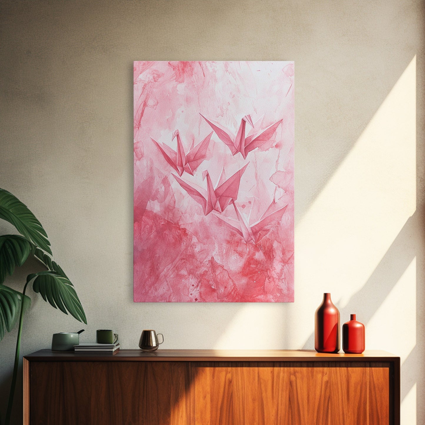 Origami Cranes Canvas Print Japanese Inspired Light Pink Wall Art Whimsical Minimalist Rustic Aesthetic Unique Gift Idea Art