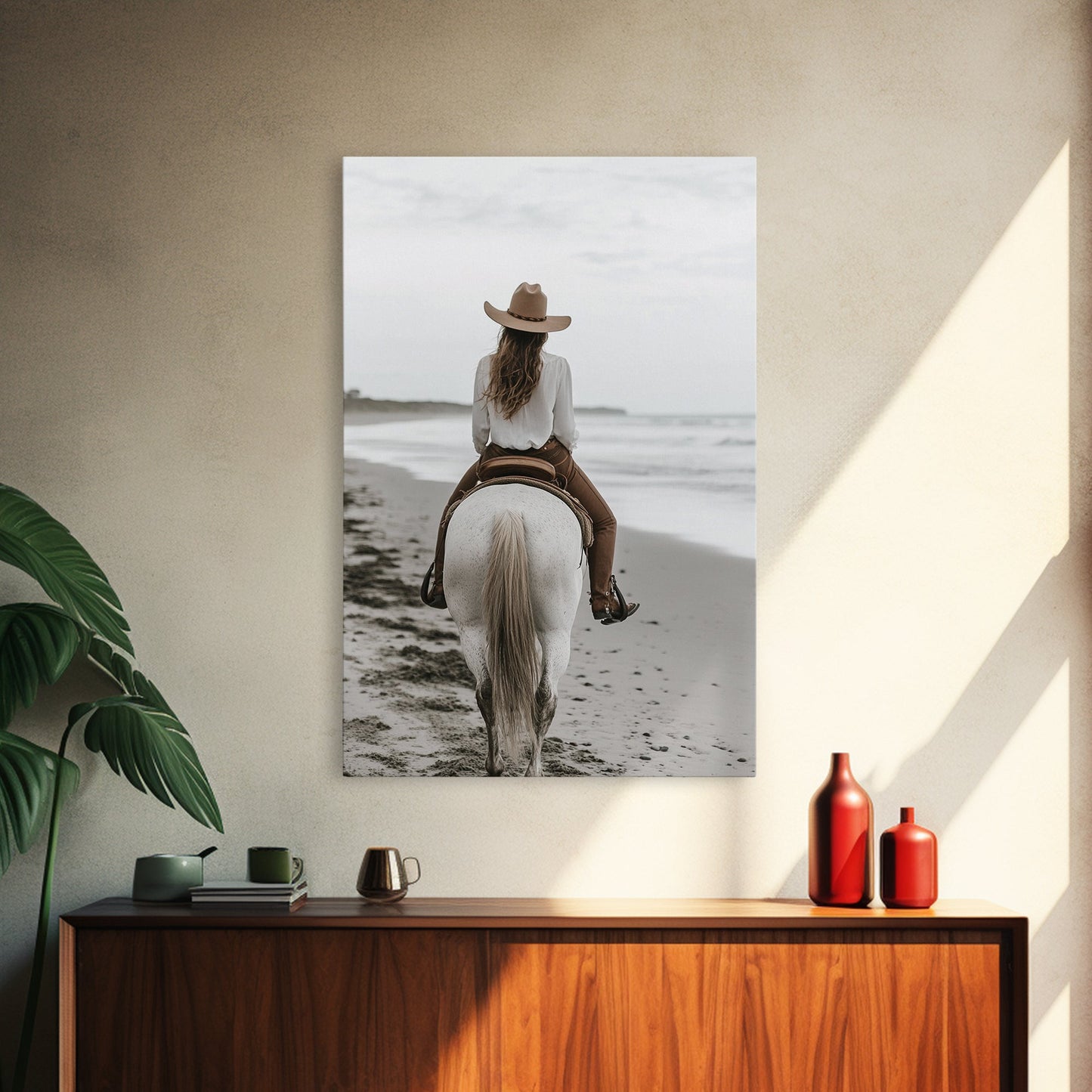 Serene Beach Ride Canvas Print Horse and Ocean Wall Art Coastal Cowgirl Rustic Decor Framed Canvas Home Living Room Artwork Gift
