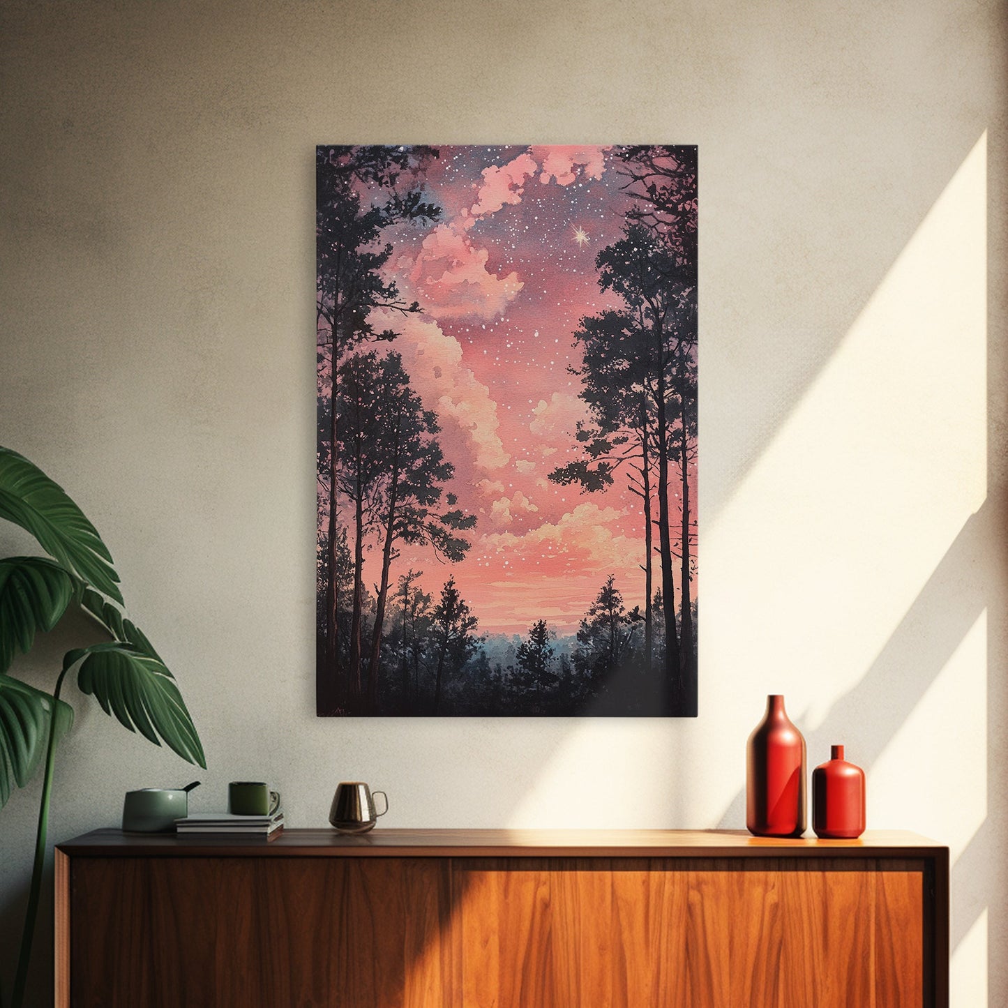 Starry forest scene painting on framed canvas print, forest at dusk painting, smoky mountain art, wabi sabi art, above couch decor