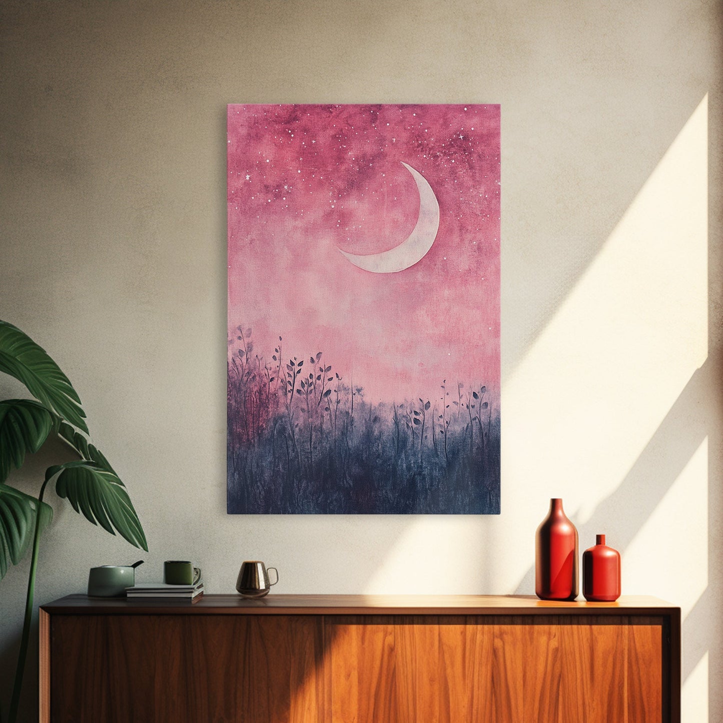 Crescent moon painting on framed canvas print, moody art, pink abstract art, cherry blossom painting, vertical wall art decor