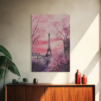 Paris Eiffel Tower Canvas Print Cherry Blossom Painting Romantic Cityscape Art Bedroom Wall Art Boho Dorm Rustic Decor Gift
