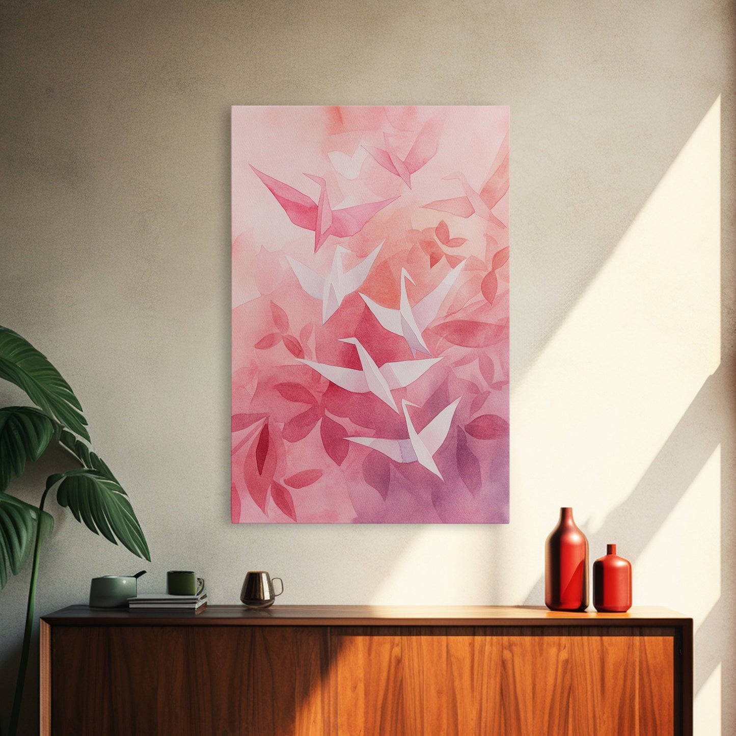 Origami Crane Painting Framed Canvas Print Whimsical Wall Art Light Pink Room Decor Minimalist Art Cherry Blossom Inspired Gift Idea