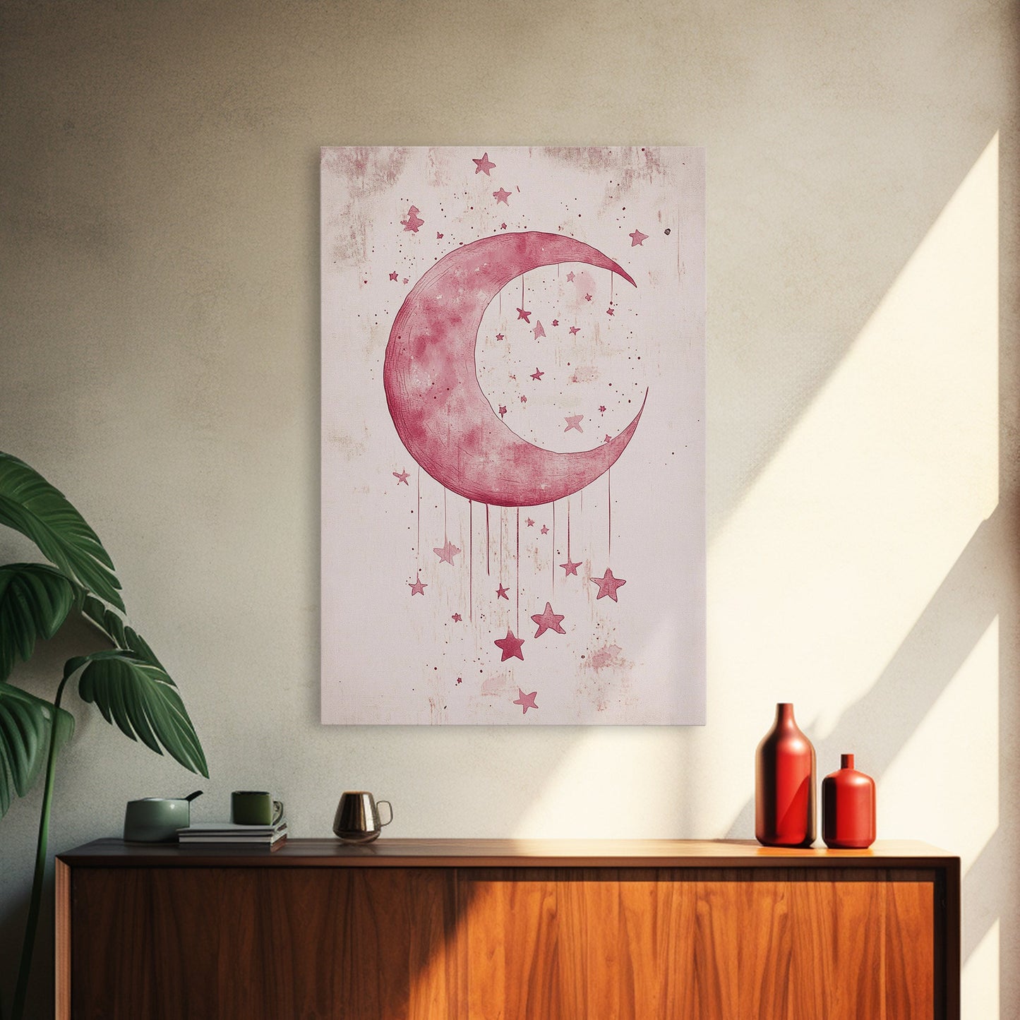 Crescent Moon and Stars Framed Canvas Print Mystical Boho Art Zen Wall Art Light Pink Wall Art Bedroom Art Dreamy Night Sky Decor