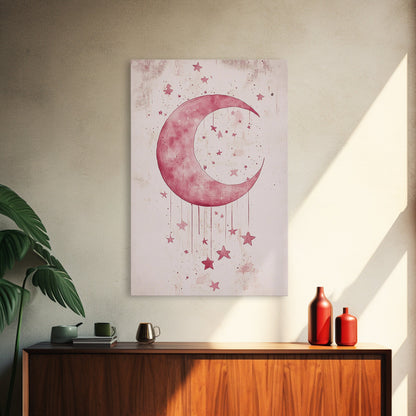 Crescent Moon and Stars Framed Canvas Print Mystical Boho Art Zen Wall Art Light Pink Wall Art Bedroom Art Dreamy Night Sky Decor