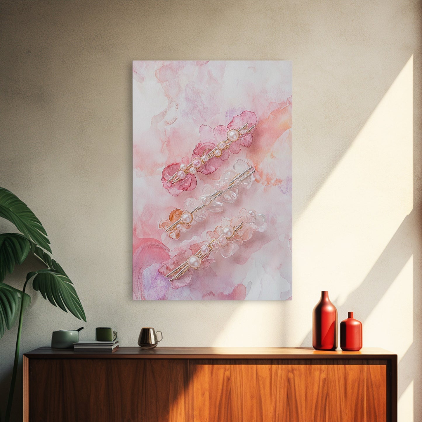 Elegant Floral Hair Accessories Canvas Print, Whimsical Art, Feminine Wall Art, Pink Abstract Art, Light Pink Wall Art, Bedroom Decor
