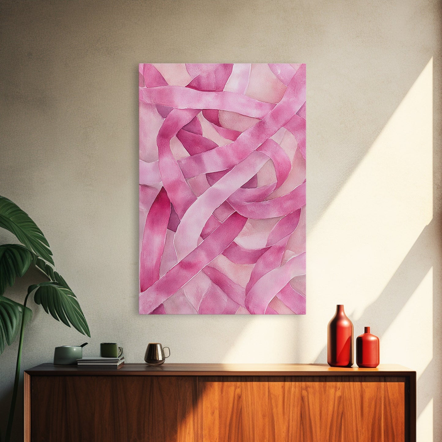 Abstract light pink wall art modern ribbons canvas print perfect addition to minimalist aesthetic boho decor vertical skinny art
