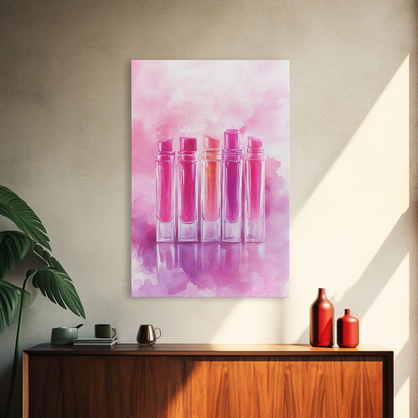 Vibrant lipstick art bold feminine wall decor framed canvas print perfect bedroom or guest room boho aesthetic rustic glam style gift