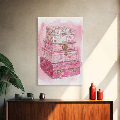 Floral stackable decorative boxes framed canvas print chic boho decor whimsical rustic art idea cozy wall decor charming bedroom addition