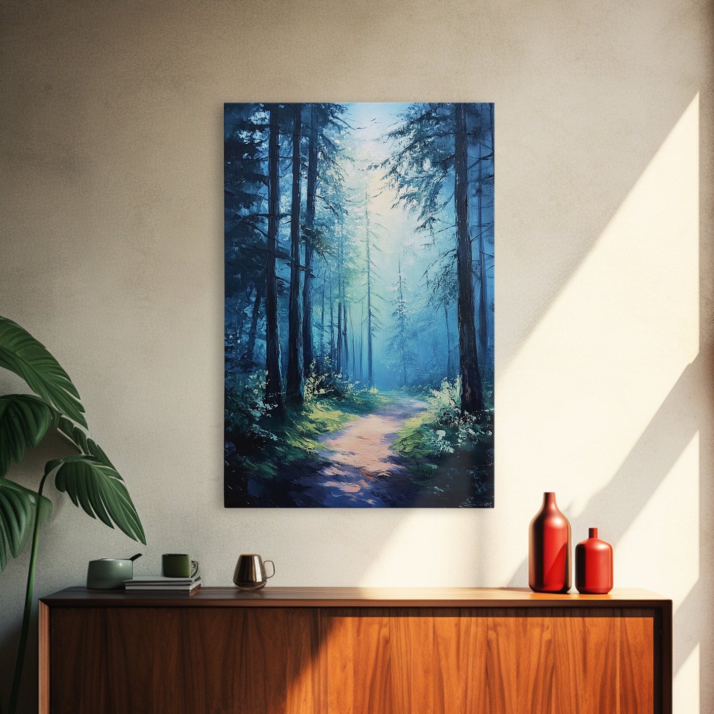 Enchanting Forest Canvas Print, Moody Blue Landscape Painting with Pine Tree Art, Above Sofa Rustic Wall Artwork