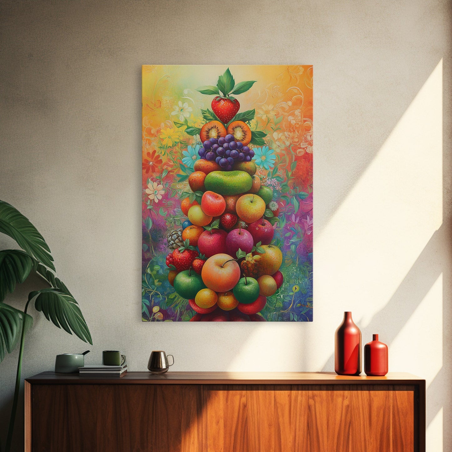 Fruit Pyramid Canvas Print with Whimsical Still Life Art, Vibrant Food Review Wall Art, Rustic Farmhouse Decor for Kitchen or Dining Area