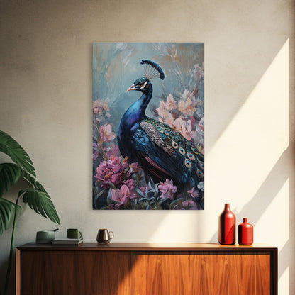 Graceful Peacock Floral Framed Canvas Print | Botanical Bird Art | Chinoiserie Wall Decor | Elegant Tropical Painting | Home Accent