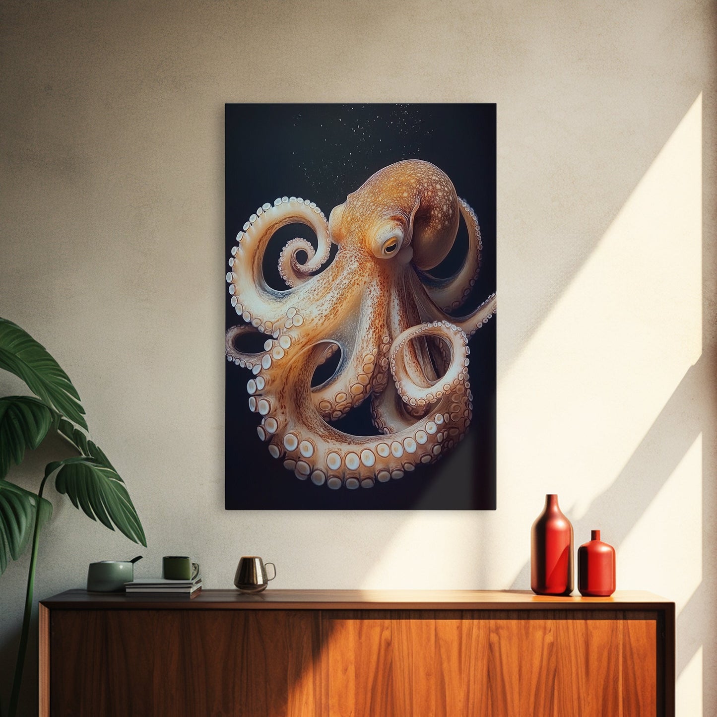 Underwater Octopus Canvas Print | Ocean Nature Painting Art | Coastal Nautical Decor | Rustic Seascape Living Room Wall Artwork