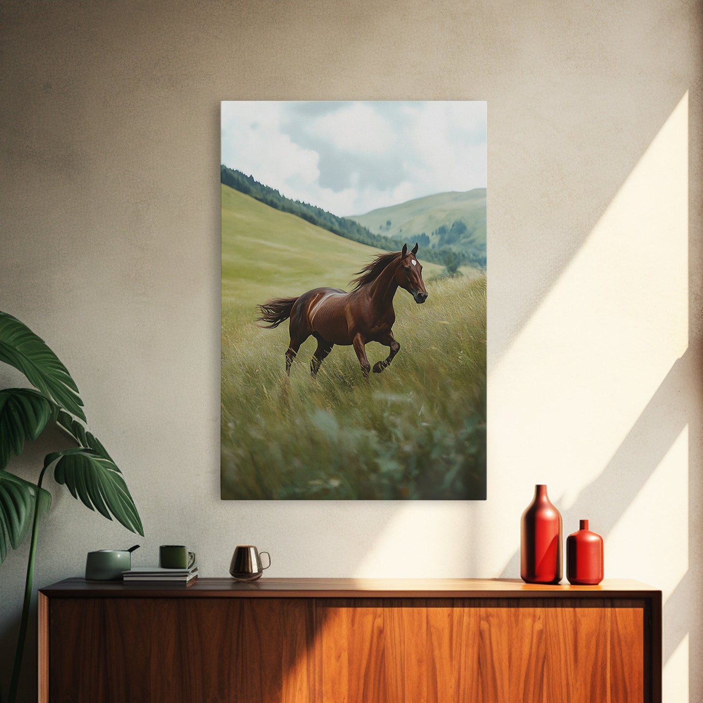 Galloping Brown Stallion Framed Canvas Print Horse Wall Art Rustic Decor Living Room Above Couch Wabi Sabi Style