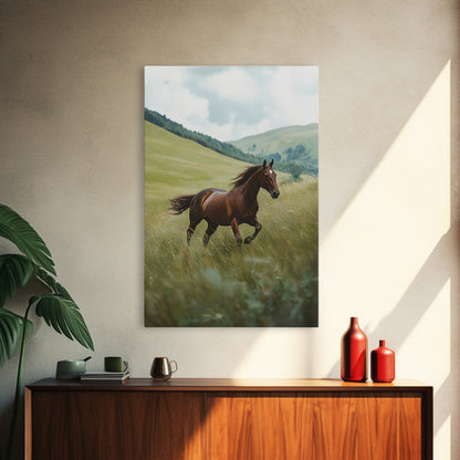Galloping Brown Stallion Framed Canvas Print Horse Wall Art Rustic Decor Living Room Above Couch Wabi Sabi Style