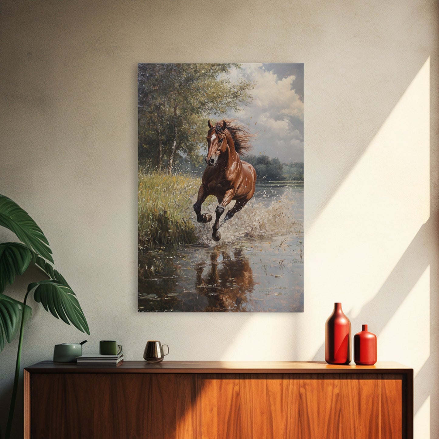 Splashed Stallion Crossing Water Framed Canvas Print Vintage Horse Art Rustic Wall Art Living Room Gift Idea Boho Style