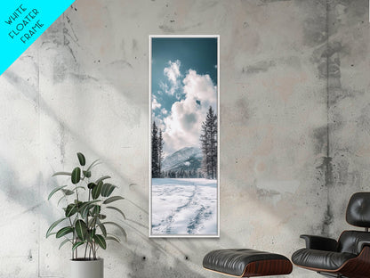 Winter Path, pine tree art, mountain painting, snowy landscape, rustic decor, minimalist art, Framed Canvas Print, vertical wall art