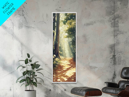 Forest Path, Sunlit Trees, Woodland Art, Framed Canvas Print, Landscape Painting, Tall Narrow Art, Rustic Décor